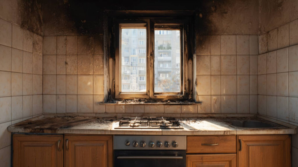 Burned kitchen with soot-stained walls and a charred window above the stove.