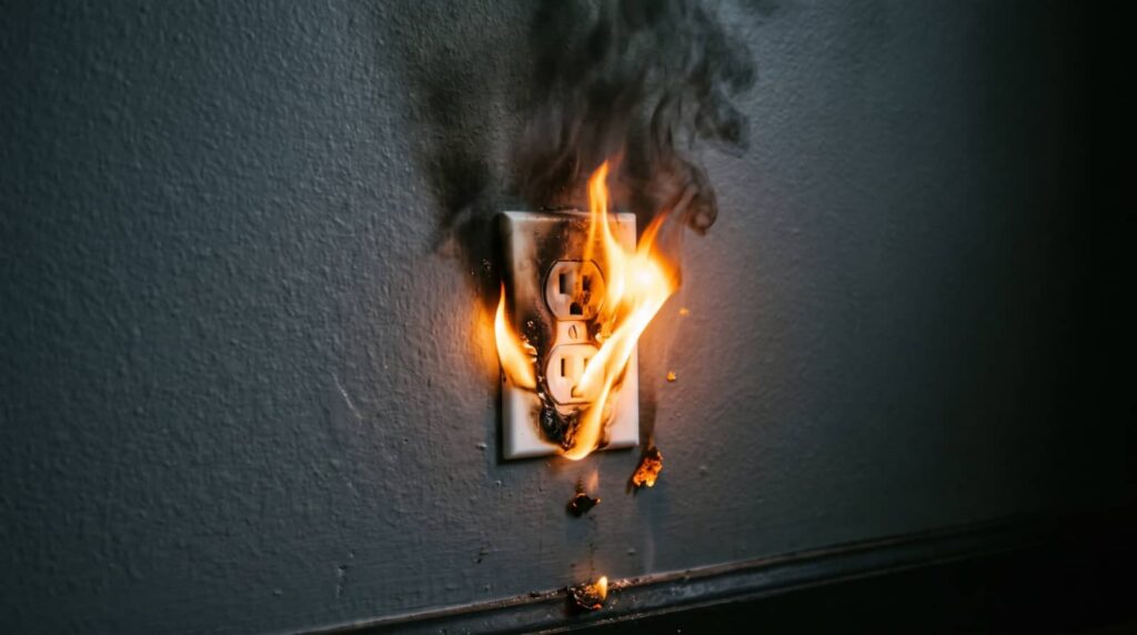 Electrical outlet on fire with smoke and flames.