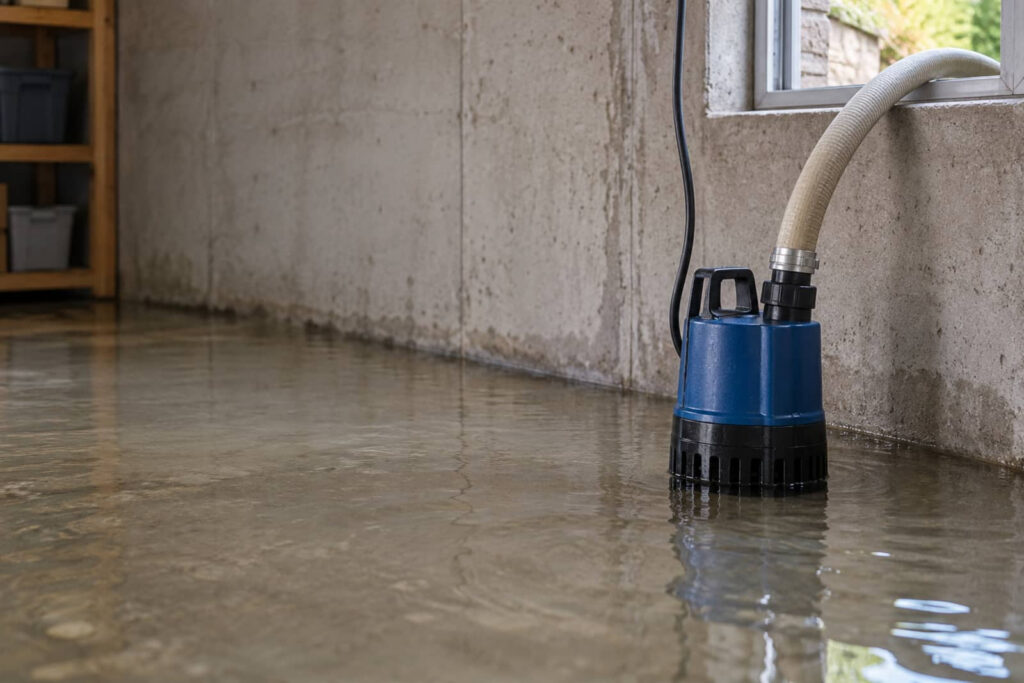 Submersible pump draining floodwater in a basement.