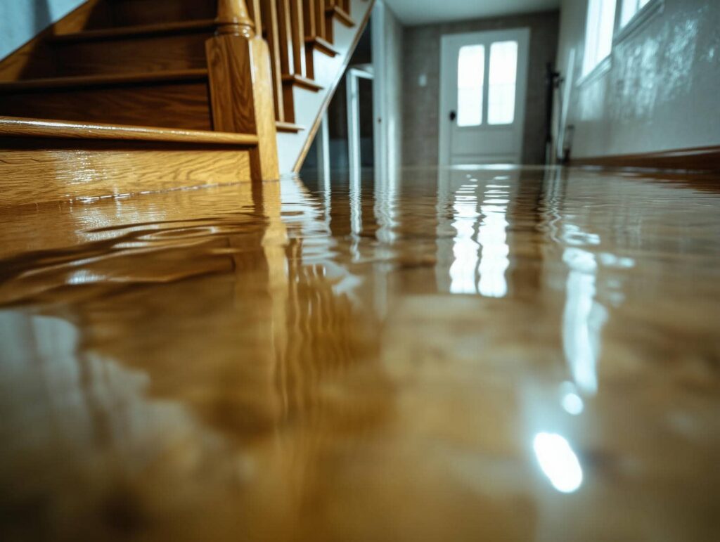 Flooded hallway with water covering the floor beside a staircase.