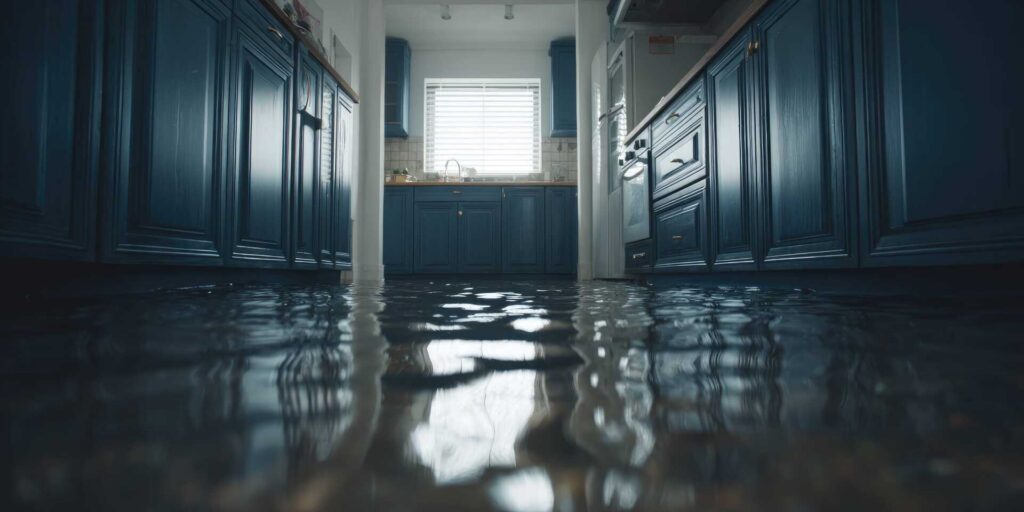 Flooded kitchen with water covering the floor and blue cabinets on both sides.