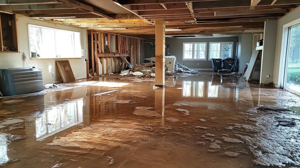 Flooded basement with muddy water and damaged walls and ceiling.