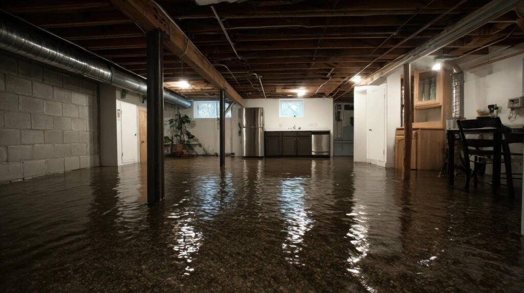 Flooded basement with water covering the floor and a small kitchen area.