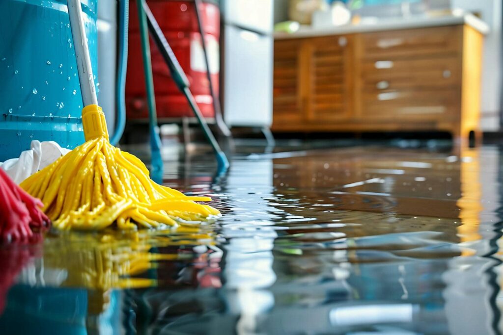 Yellow mop and cleaning supplies on a wet floor with water reflections indoors.