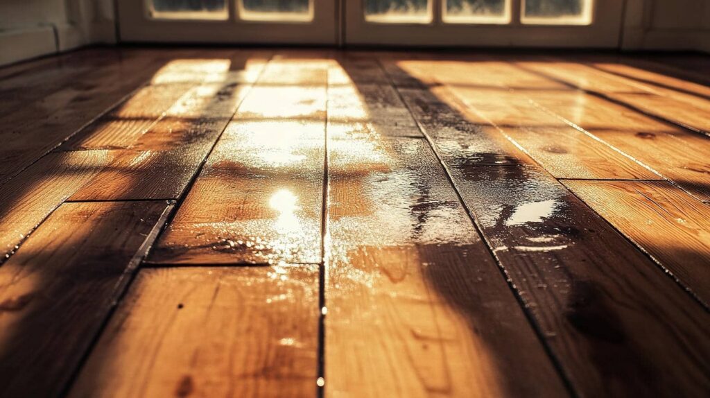 Sunlight reflecting on a wet wooden floor.