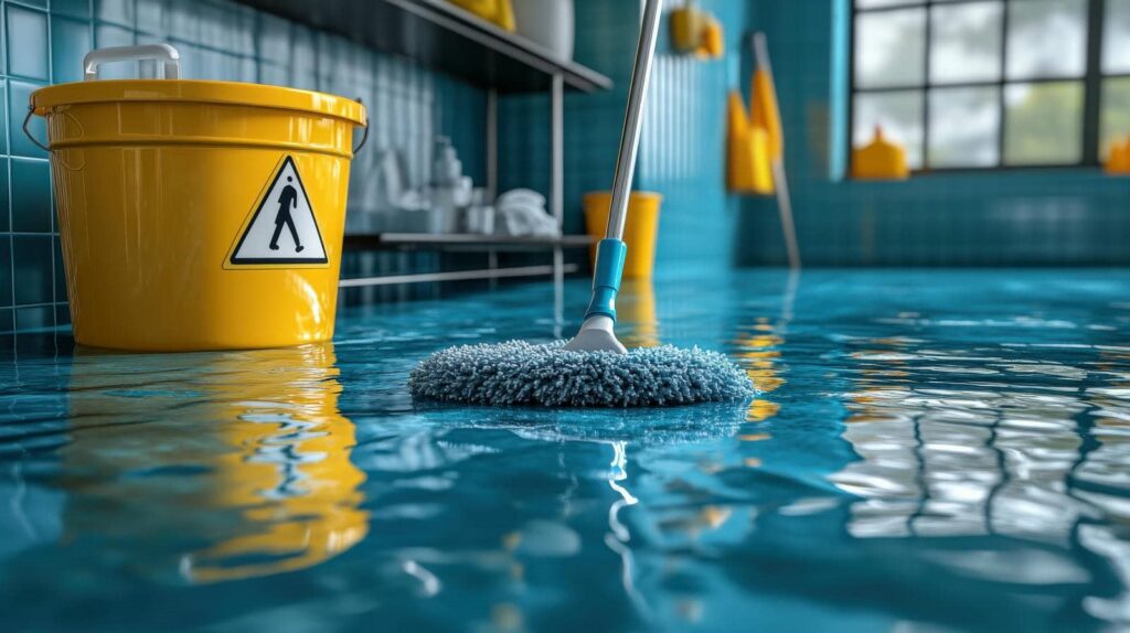 Wet floor mop and yellow caution bucket on a shiny blue tiled floor.
