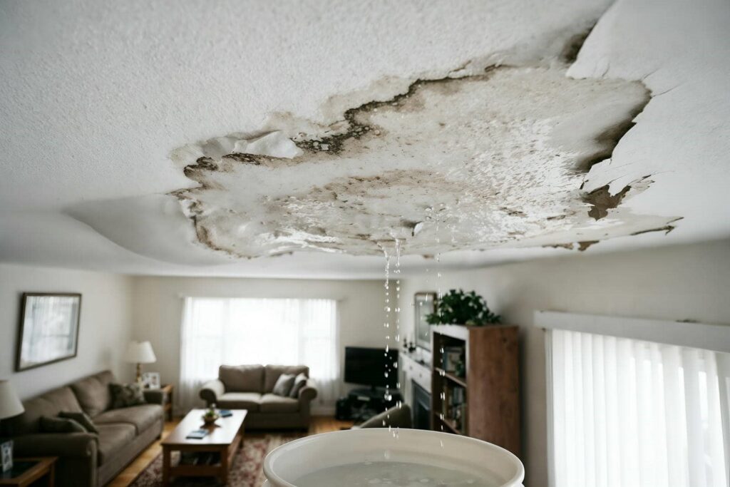 Water leaking from a large, damaged ceiling stain into a bucket in a living room.