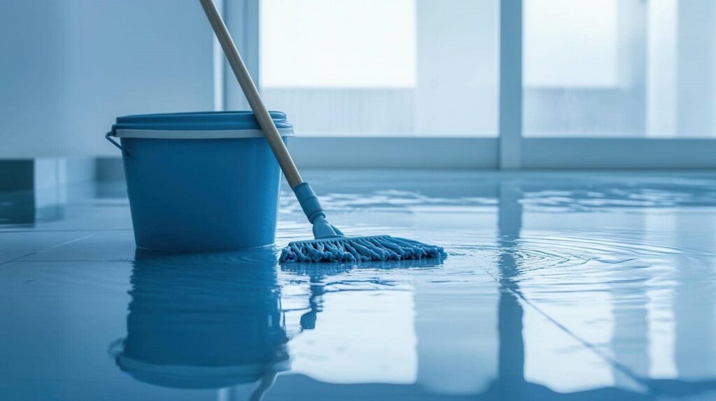 Blue mop and bucket on a wet tiled floor with water ripples near a window.