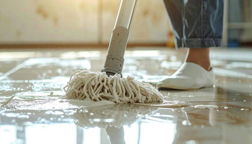 Mop cleaning a wet tiled floor.