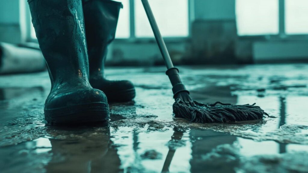Person wearing rubber boots mopping a wet, dirty floor indoors.