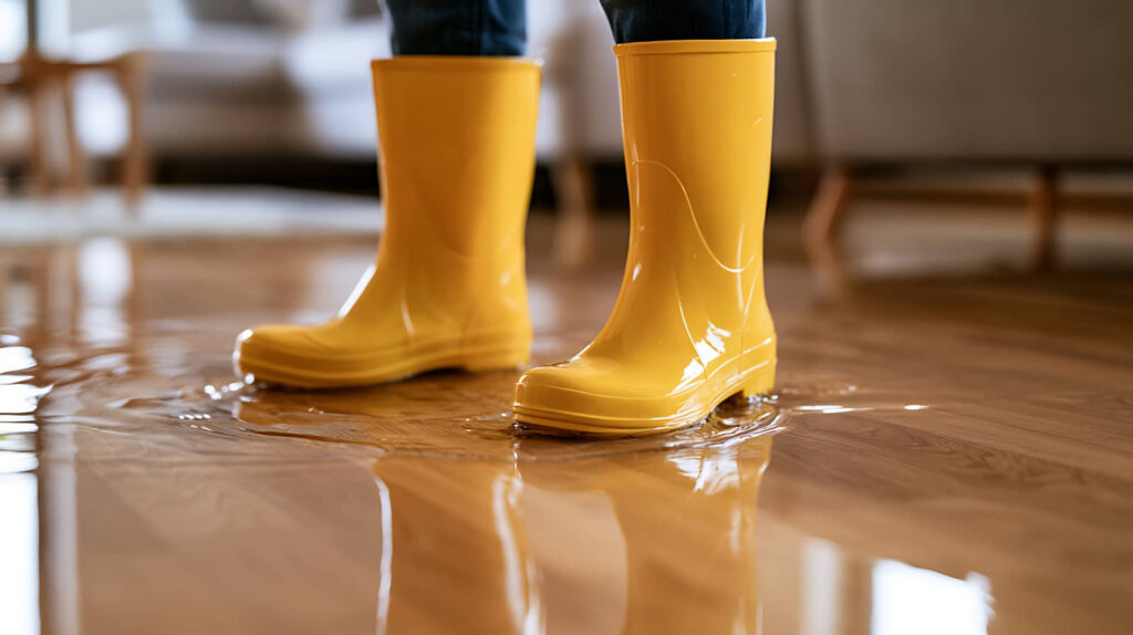 Yellow rain boots standing in a flooded room.