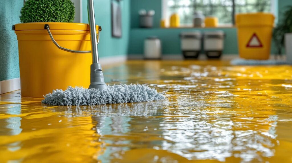 Wet floor with a mop and yellow bucket in a room with teal walls.