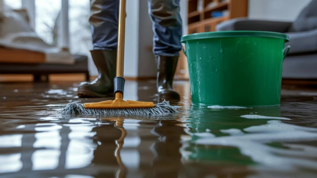 Person mopping a flooded floor indoors with a green bucket nearby.