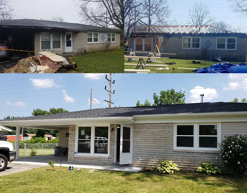 Three images showing a house before fire damage, during roof reconstruction, and fully repaired with new roof and fresh lawn.