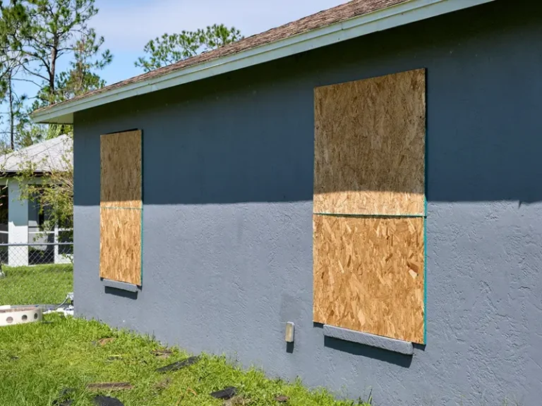 Two windows on a blue house are boarded up with plywood panels.