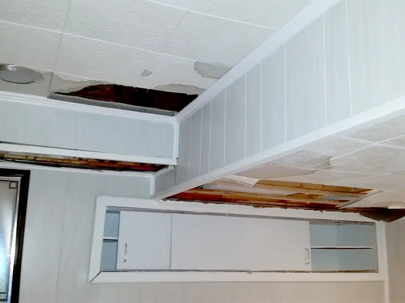 Ceiling with multiple water-damaged and missing tiles exposing wooden beams above.