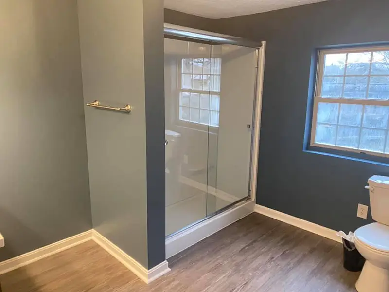 Bathroom with glass shower enclosure, toilet, and wood-look flooring.