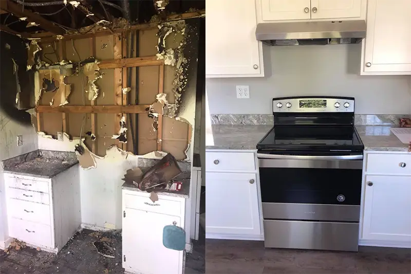 Side-by-side comparison of a burned kitchen corner and a clean, modern kitchen stove area.