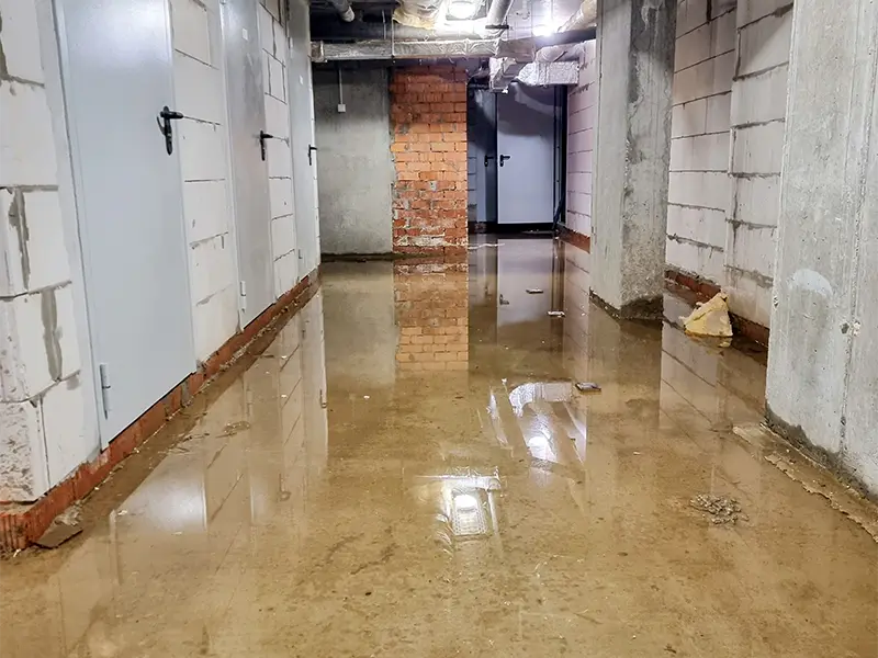 Flooded basement hallway with water covering the floor and multiple closed doors.
