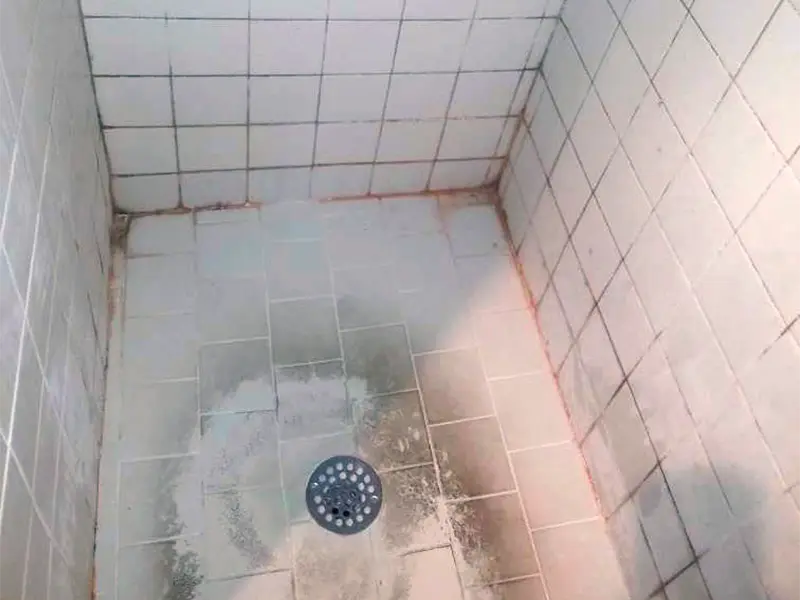 Tiled shower floor and walls with visible dirt and mold around the drain and corners.