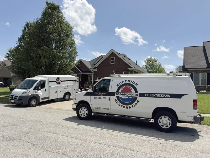 Two white restoration service vans parked on a residential street in front of houses.