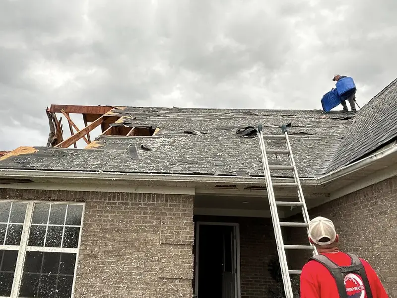 Two workers repairing a damaged roof with a ladder leaning against the house.